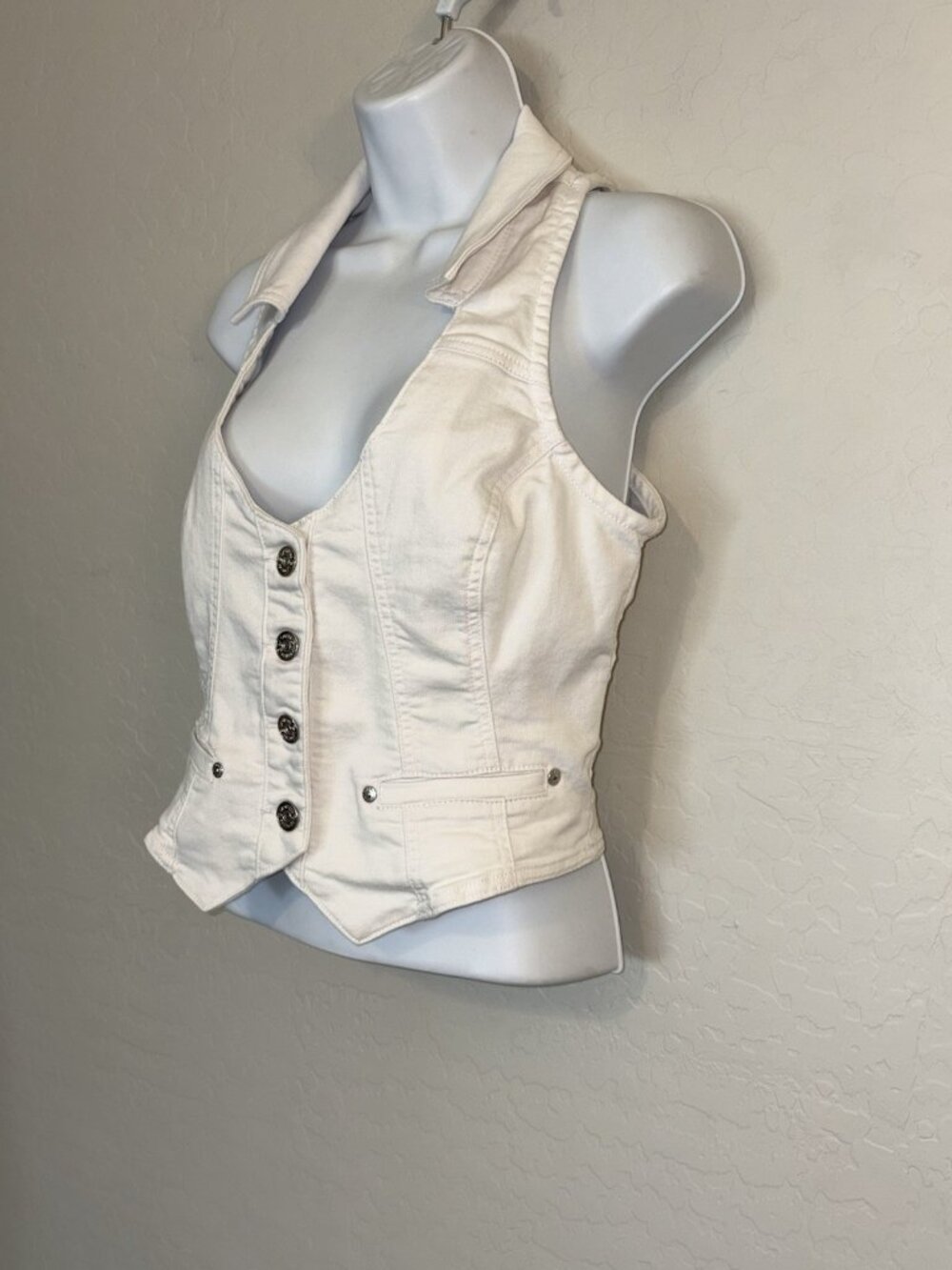 Y2K White Denim Corset Vest Button Front Halter Top with Faux Pockets Medium - Picture 3 of 6